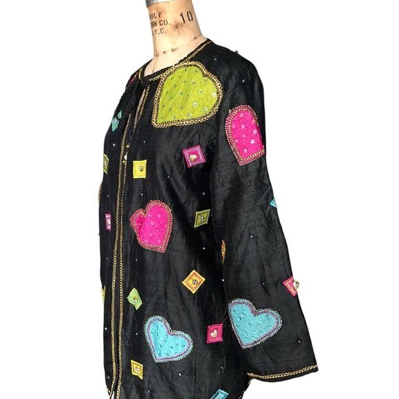 Colorful Silk Jacket with Heart Appliqué by JA Resort Oversized Size S - Picture 3 of 7